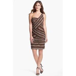 SUE WONG ANIMAL PRINT ONE-SHOULDER SHEATH DRESS cheetah print.  Size 8